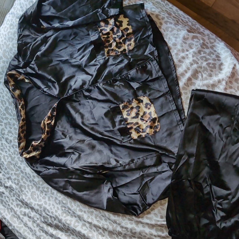Black and Leopard Print Satin Pajama Set